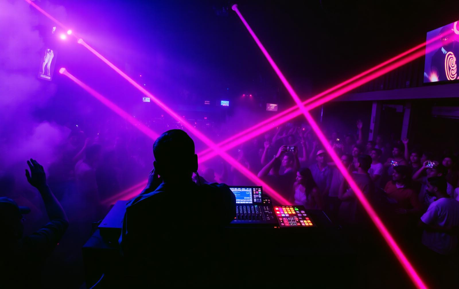A DJ behind a glowing console with magenta lasers over a dancing crowd