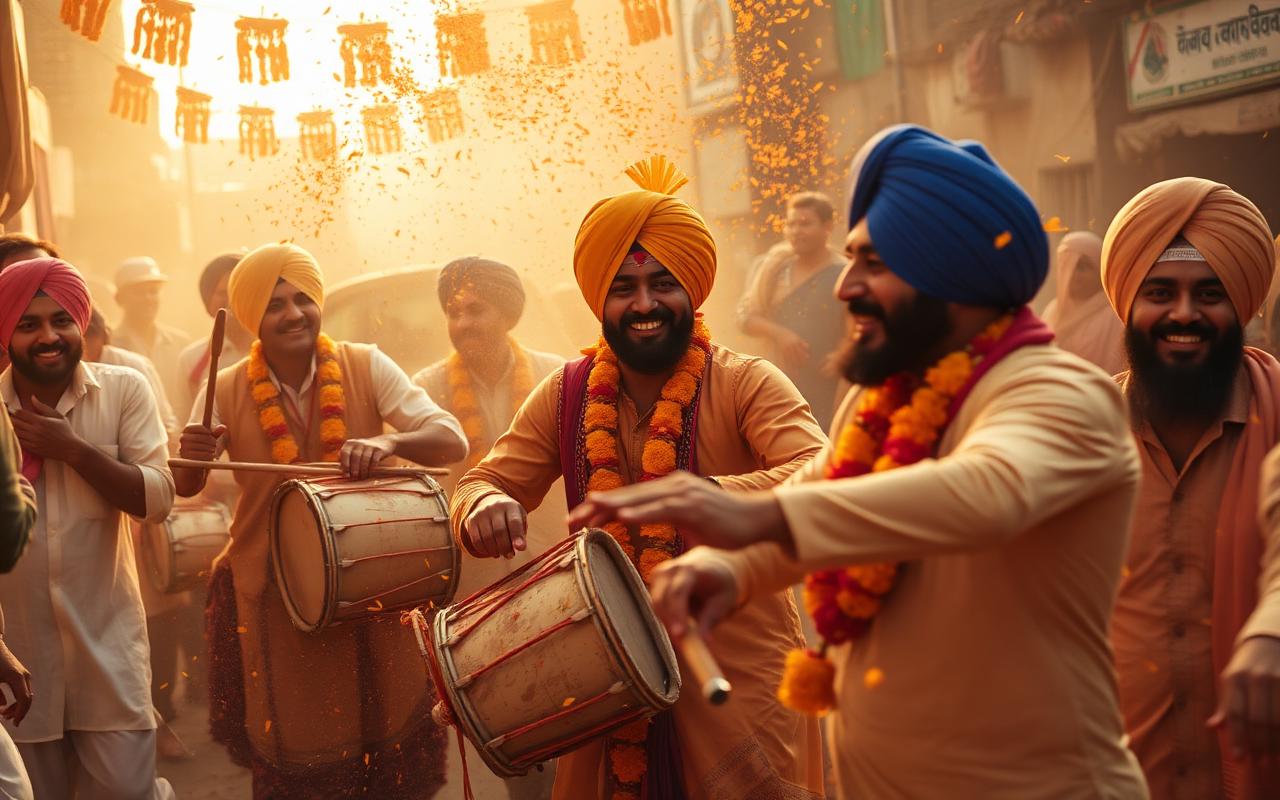 Dhol players celebrating in a marigold-filled street