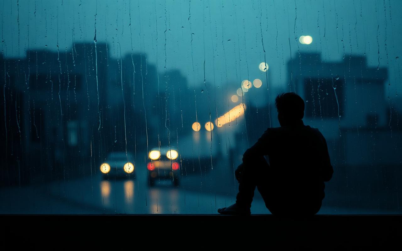 A lone figure by a rain-streaked window at night