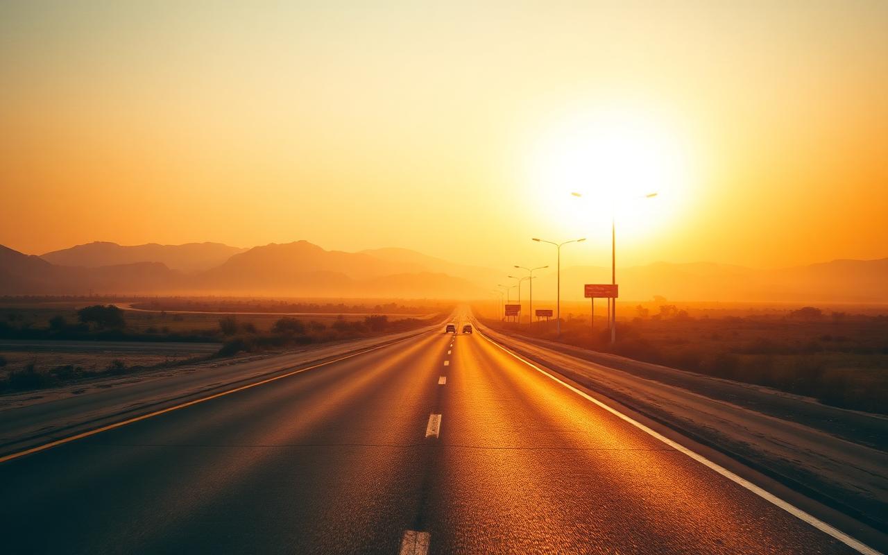 An empty Indian highway stretching into a golden sunset