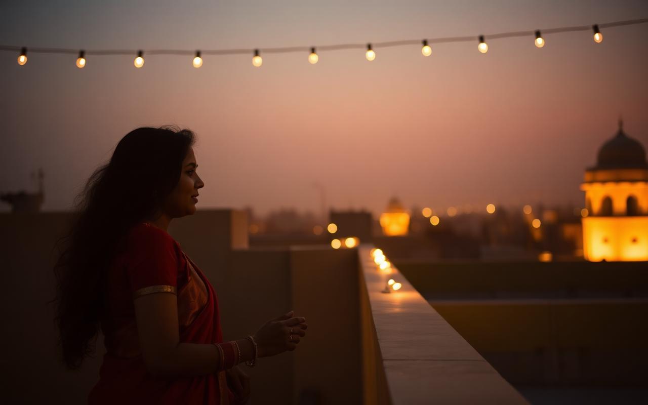 A silhouette on a rooftop under fairy lights at dusk