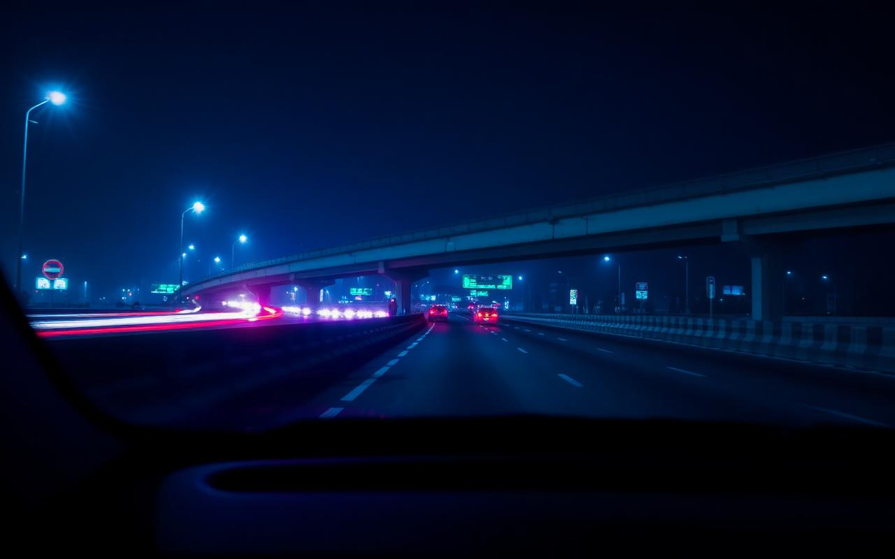 Neon light trails on a city flyover at night