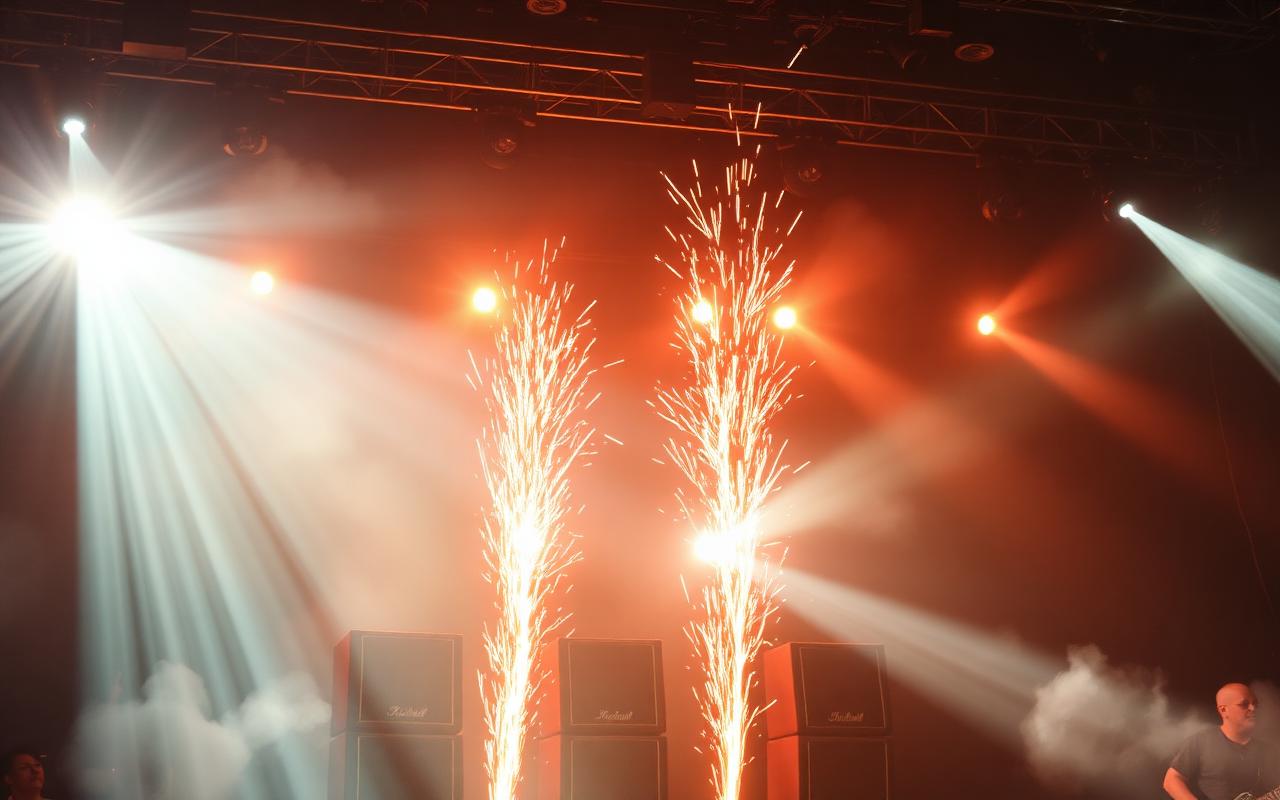 Stage speakers and strobe lights blasting sparks