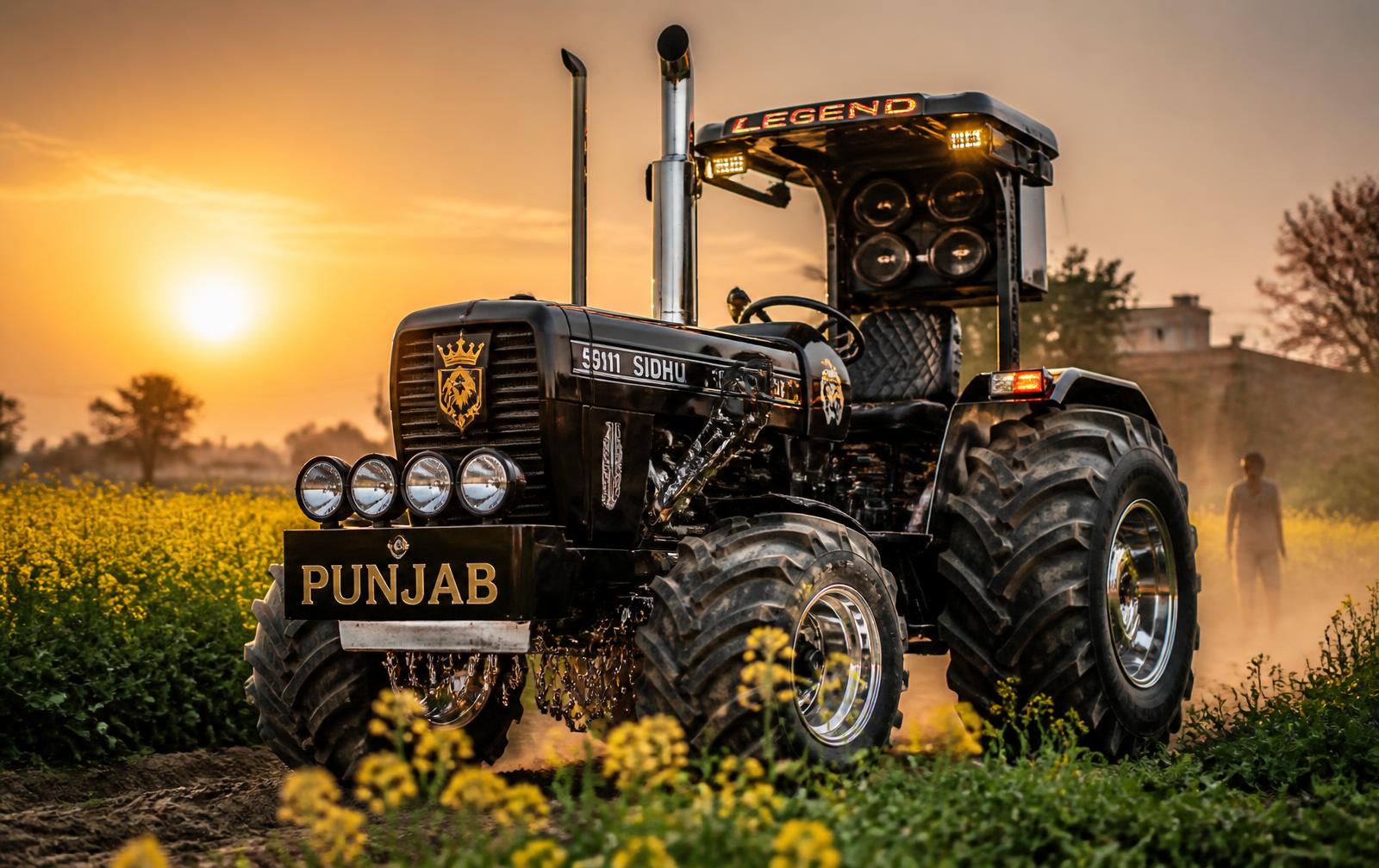 A modified Punjabi farm tractor in a mustard field at sunset