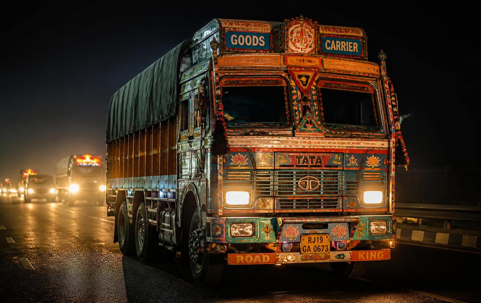 A decorated Indian Tata truck with headlights on a night highway